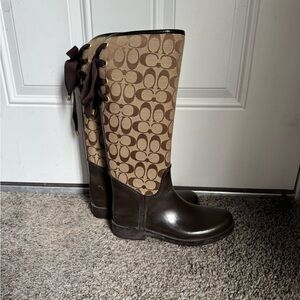 Brown Coach Signature Knee-High Rain Boots with Bow Detail
